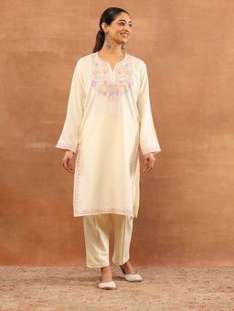House of Chikankari - Off White Wool Aari Embroidered Solid Womens Long Kurta
