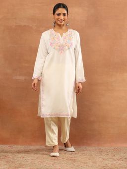 House of Chikankari - White Wool Aari Embroidered Solid Womens Long Kurta