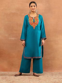 House of Chikankari - Teal Wool Aari Embroidered Solid Womens Long Kurta