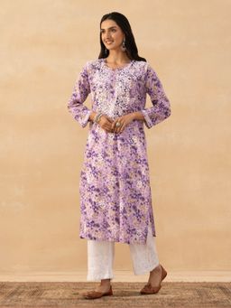 House of Chikankari - Purple Mulmul Chikankari Printed Womens Long Kurta