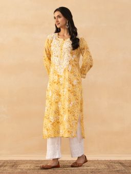 House of Chikankari - Yellow Mulmul Chikankari Printed Womens Long Kurta