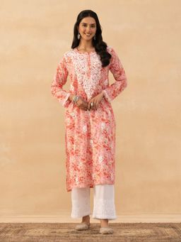 House of Chikankari - Pink Mulmul Chikankari Printed Womens Long Kurta