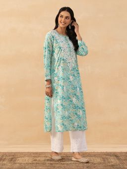 House of Chikankari - Green Mulmul Chikankari Printed Womens Long Kurta