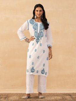 House of Chikankari - White Cotton Chikankari Solid Womens Long Kurta