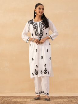 House of Chikankari - White Cotton Chikankari Solid Womens Long Kurta