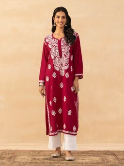 House of Chikankari - Wine Rayon Chikankari Solid Womens Long Kurta