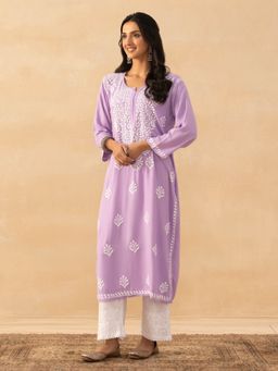 House of Chikankari - Lavender Rayon Chikankari Solid Womens Long Kurta