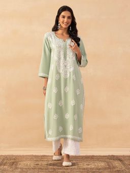 House of Chikankari - Pastel Green Rayon Chikankari Solid Womens Long Kurta