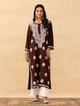 House of Chikankari - Brown Rayon Chikankari Solid Womens Long Kurta