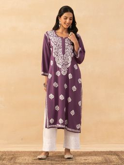 House of Chikankari - Purple Rayon Chikankari Solid Womens Long Kurta