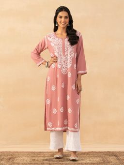 House of Chikankari - Dust Pink Rayon Chikankari Solid Womens Long Kurta