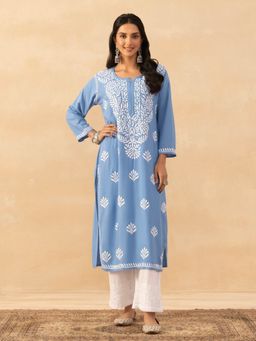 House of Chikankari - Blue Pastel Rayon Chikankari Solid Womens Long Kurta