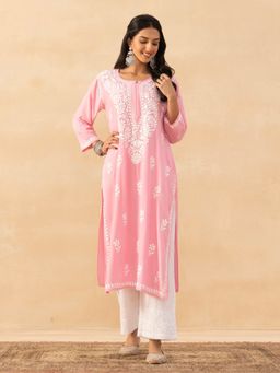 House of Chikankari - Pink Rayon Chikankari Solid Womens Long Kurta