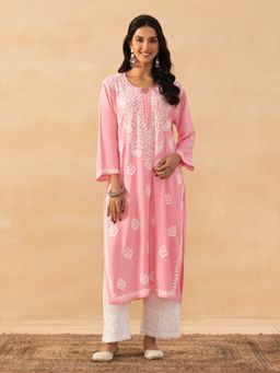 House of Chikankari - Pink Rayon Chikankari Solid Womens Long Kurta