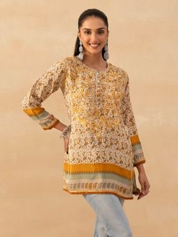 House of Chikankari - Yellow Crepe Chikankari Printed Womens Short Kurta - Yellow