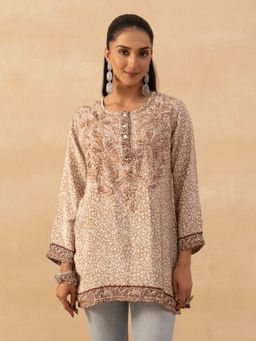 House of Chikankari - Brown Crepe Chikankari Printed Womens Short Kurta