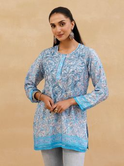 House of Chikankari - Sky Blue Crepe Chikankari Printed Womens Short Kurta