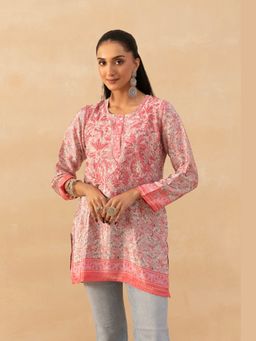 House of Chikankari - Pink Crepe Chikankari Printed Womens Short Kurta
