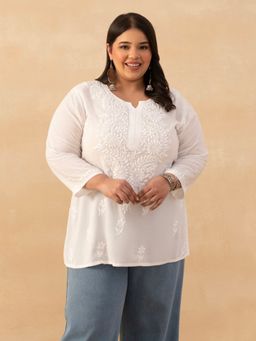 House of Chikankari - White Rayon Chikankari Solid Womens Short Kurta