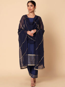 Indya - Navy Blue Muslin Strappy Kurta with Pants and Dupatta (Set of 3)