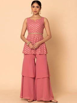 Indya - Light Pink Sharara with Foil Print Short Kurti and Belt (Set of 3)