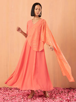 Indya - Dusty Pink Foil Print Flared Kurta with Attached Drape
