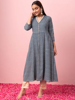 Indya - Navy Blue Ajrakh Foil Print Front Slit Kurta