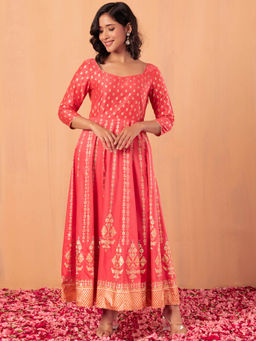 Indya - Red Mughal Foil Print Anarkali Kurta