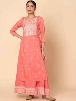 Indya - Peach Foil Print Double Layered Muslin Kurta