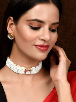 Silvermerc Designs - Gold Plated White Beaded Kundan Stone Studded Jewellery (Set of 2)