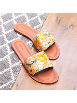 AUZORI - Women Yellow Floral Embroidered Flats - Yellow