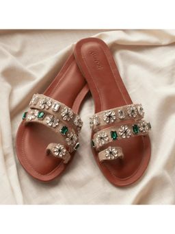 AUZORI - Women Stone Embellished Jute Flats - Brown