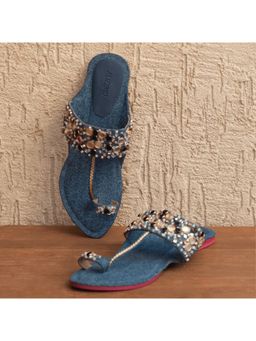 AUZORI - Women Denim Embroidered Mirror Kolhapuri - Blue