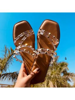 AUZORI - Women Clear Strap Gold Studded Flats - Tan