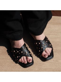 AUZORI - Women Gold Studded Black Flats - Black