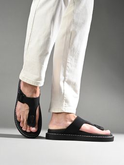 Louis Stitch - Black Lightweight T-Strap Slip-On Sandal with PU Cushion Sole