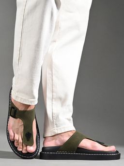 Louis Stitch - Olive Green Lightweight T-Strap Slip-On Sandal with PU Cushion Sole
