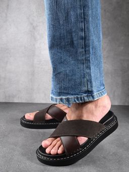 Louis Stitch - Brown Lightweight Cross Strap Slip-On Sandal with PU Cushion Sole