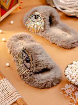 NR by Nidhi Rathi - Light Brown Furry Velvet Sliders with Evil Eye AD Embellishment