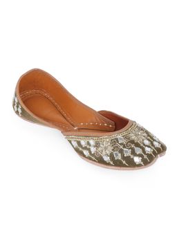 NR by Nidhi Rathi - Olive Mirror and Golden Work Handcrafted Leather Ethnic Juttis