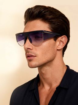 Guess - Men UV Protected Half Rim Blue Lens Rectangle Sunglasses (62)