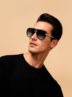 IDEE - Smoke Gradient Lens Pilot Sunglass Full Rim Shiny Black Shiny Silver Frame (58)