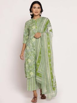 Shree - Women Cotton Mint Green Floral Printed Kurta Comfort Pant Dupatta (Set Of 3)