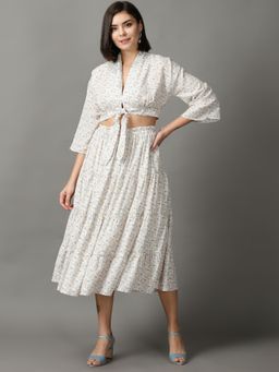 SHOWOFF - Womens Shawl Neck Printed Off White Co-Ord (Set of 2)