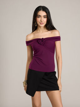 RSVP by Nykaa Fashion - Purple Off Shoulder Rossette Detail Fitted Top