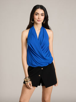 RSVP by Nykaa Fashion - Blue Halter Neck Elasticated Hem Wrap Top
