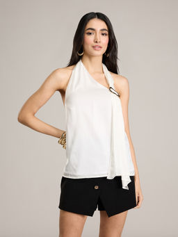 RSVP by Nykaa Fashion - White Satin Halter Neck Sash Top With Golden Trim