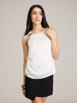 RSVP by Nykaa Fashion - White Satin Round Neck With Golden Trim Detail Sleeveless Top