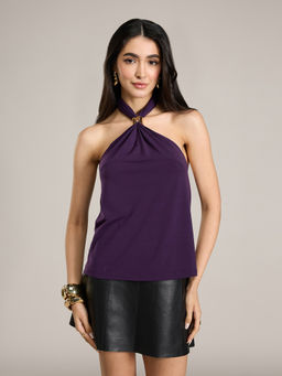 RSVP by Nykaa Fashion - Purple Halter Neck With Trim Detail Top