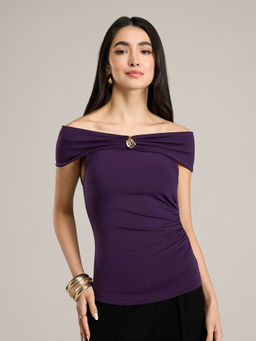 RSVP by Nykaa Fashion - Purplel Off Shoulder With Trim Detail Fitted Top